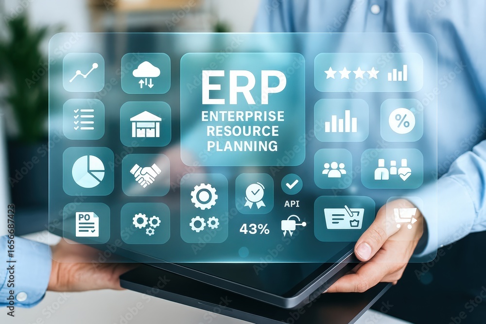 Poster hands holding a tablet displaying an interactive interface with various icons representing enterpris