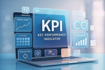 A laptop computer displays a user interface with various key performance indicators, including trend lines, cohort analysis, milestones, and financial data.