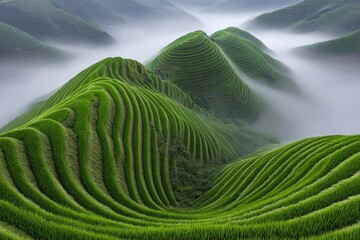 Fototapeta premium Lush terraced rice paddies, shrouded in mist