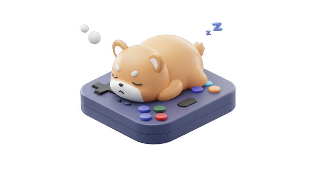 A charming 3D rendered cartoon dog, resembling a Shiba Inu, peacefully naps atop a classic video game controller, symbolizing relaxation and gaming leisure.