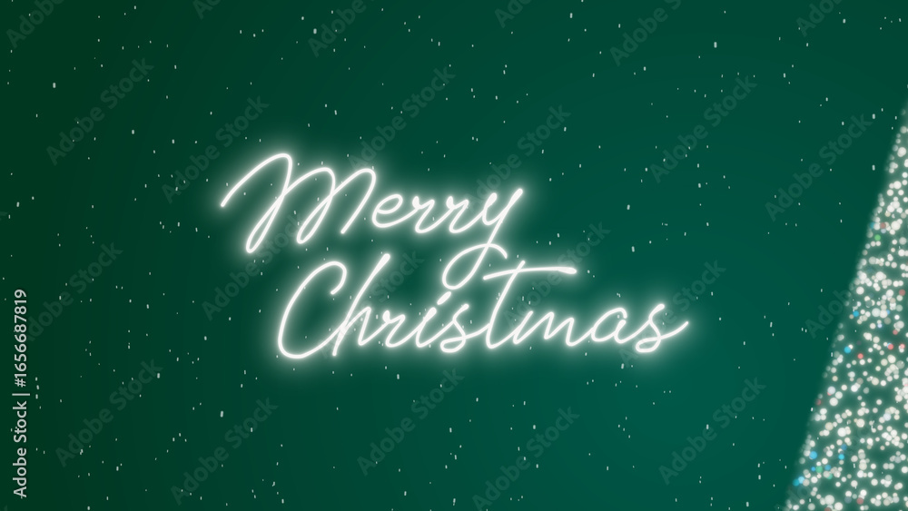 Poster merry christmas greeting with elegant white neon light script typography on a festive green backgrou