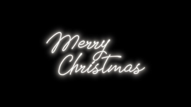 Merry Christmas handwritten neon text. White glowing calligraphy self-drawing on a black background. Festive holiday graphic element with alpha channel for easy integration. 4K. - Powered by Adobe