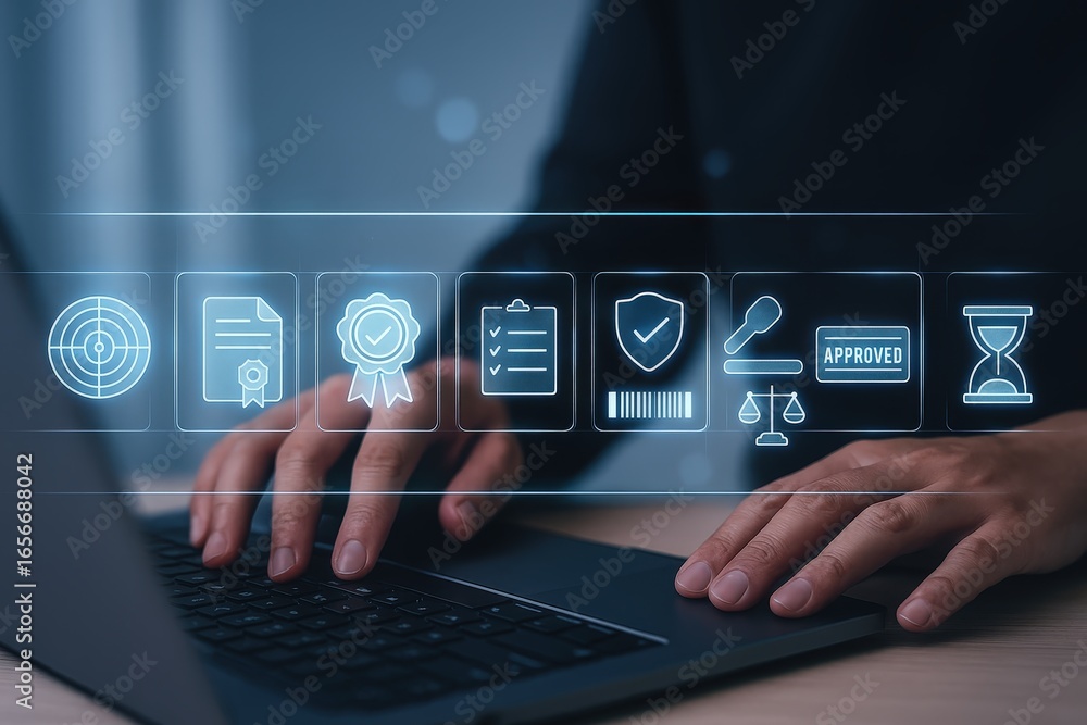 Poster A person's hands on a laptop keyboard with various approval and verification icons projected onto the screen.