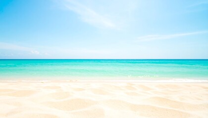 Sun-kissed Beach Scene: Tranquil Waters, Soft Sand, and Clear Skies, A Peaceful Beach Day: Golden Sand, Turquoise Sea, and Serene Blue Sky