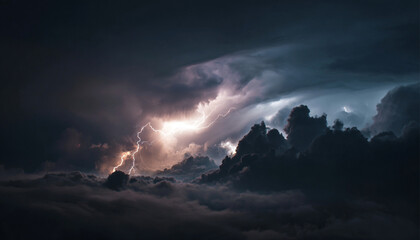 Thunderstorm Sky Scene, Dark Blue and Black Clouds with Lightning Flashes