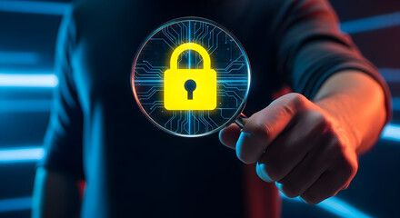 Magnifying glass reveals glowing digital padlock symbol against futuristic circuit board background