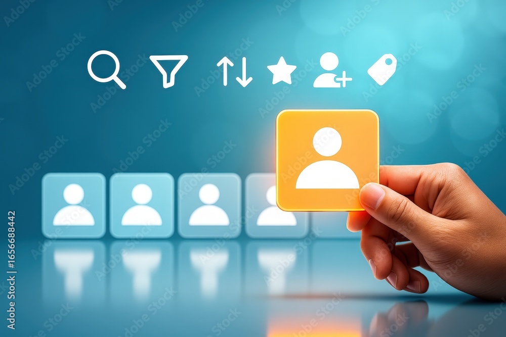 Poster a hand holds a highlighted user profile, surrounded by other profiles in a digital interface, sugges