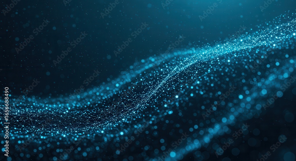 Poster abstract blue particle wave background with dynamic motion, representing the flow of data and energy