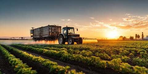 Tractor spraying crops at sunset