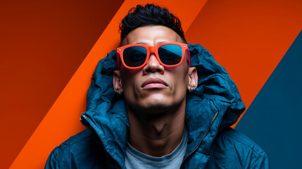 A man wearing a blue jacket and red sunglasses