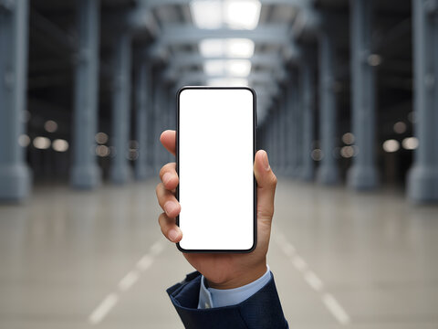 Businessman Hand Holding Smartphone with Blank White Screen in Industrial Hall, Mobile Phone Mockup for App and Design Presentation.