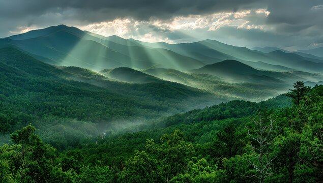 Panoramic View Of Misty Green Smoky Mountains With Sunrays