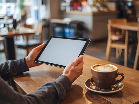 Man Holding Tablet with Blank Screen at Wooden Cafe Table, Hot Coffee Cup and Cozy Coffee Shop Interior Mockup.