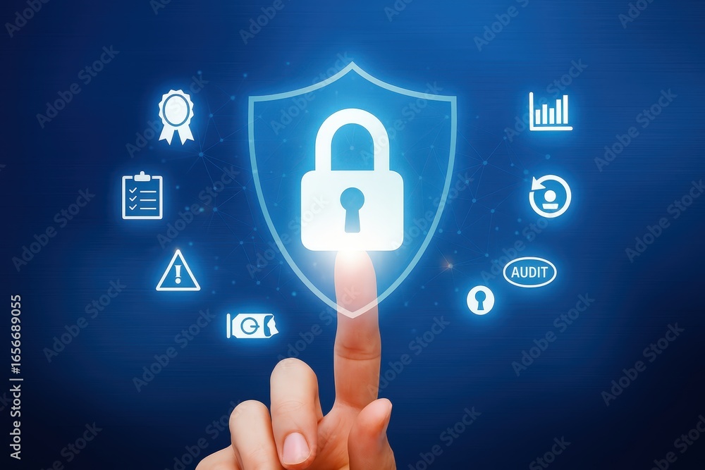 Poster a fingertip interacts with a glowing digital security shield displaying various protection symbols a