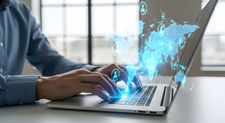 Global connection concept with person using laptop and digital world map interface