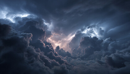 Stormy Sky Close-Up, Dark Blue Clouds with Lightning, Intense Weather Scene