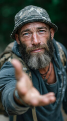 Obraz premium A man with a beard and a hat pointing at the camera