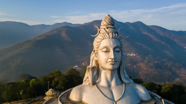 Majestic Shiva statue bathed in golden morning light, an awe-inspiring spiritual landmark against misty mountains.