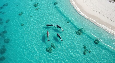 Aerial view of dolphins swimming in turquoise water near a white sand beach with coral reefs visible