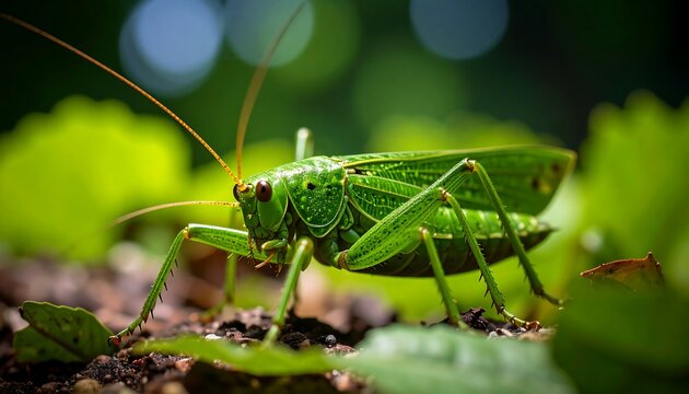 Close-up of a vibrant green grasshopper
