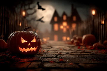 Atmospheric Halloween Pumpkin Lantern Scene for Immersive Experience Design, Horror Novel Covers, Artistic Illustration