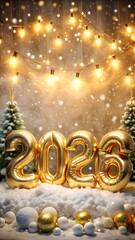Golden 2026 balloons float in a snowy winter wonderland with festive string lights and christmas trees, symbolizing a happy new year celebration and a bright future