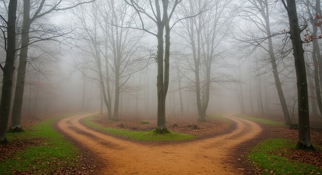 A foggy forest with a path splitting into two directions, symbolizing choices and decisions in life, creating a mysterious and serene atmosphere