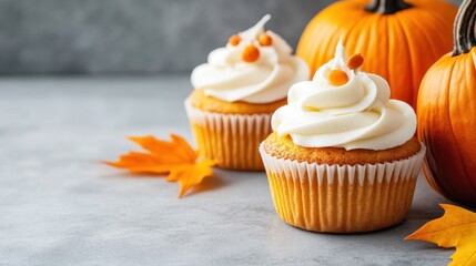 Delicious cupcakes with creamy frosting, surrounded by pumpkins and autumn leaves, perfect for fall celebrations.