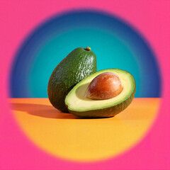 Creative arrangement of whole and sliced avocado with vibrant background in a pop art style