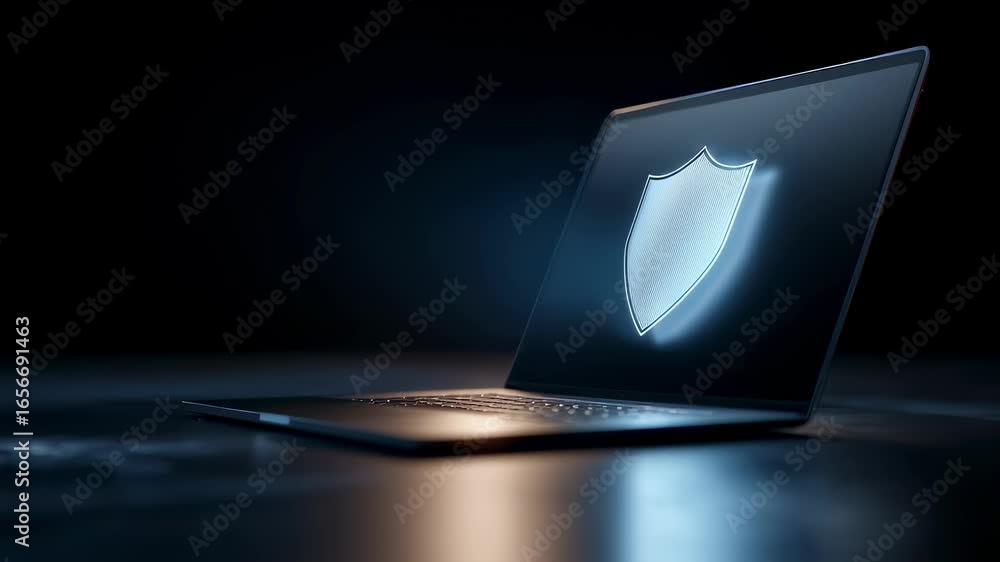 Poster sharp focus on a laptop with a luminous shield emblem floating overhead representing comprehensive c