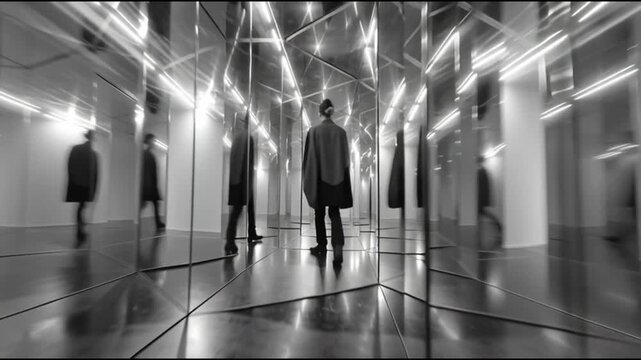 Gaslight manipulation toxic narcissism. A monochrome scene of figures walking through a mirrored space.