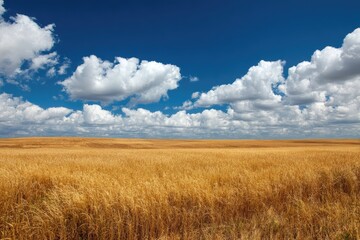 Obraz premium Golden wheat field under a vast blue sky