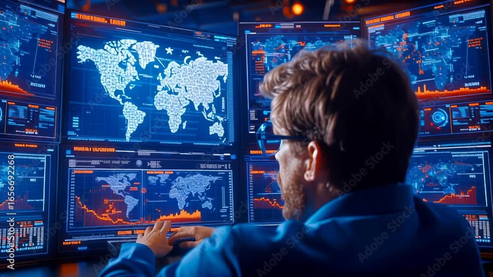 Poster analyst with glasses observes multiple digital screens displaying world maps, data graphs, and globa