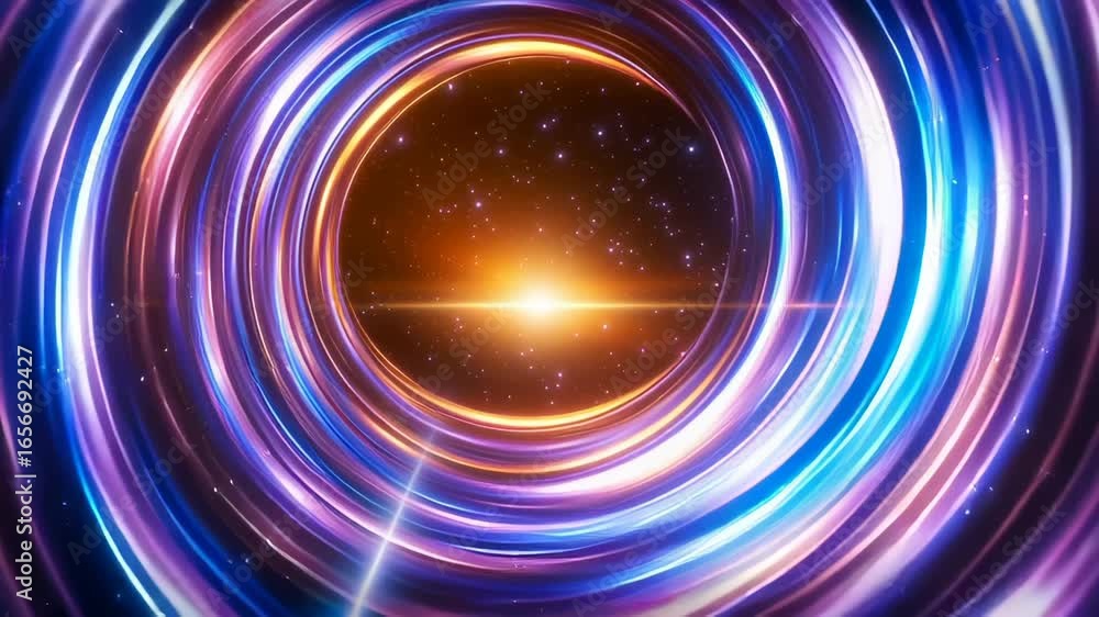 Poster abstract space tunnel with circular light streams in blue, purple, and orange colors. bright central