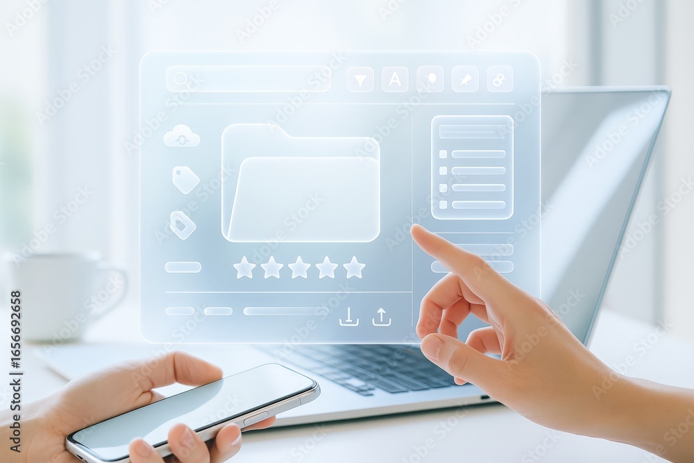 Poster a translucent computer interface with file folder and rating icons is shown, overlaid on a modern wo