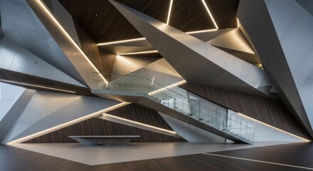 Fototapeta premium Futuristic Interior Design with Sharp Geometric Shapes and Warm Lighting