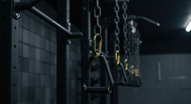 A dimly lit gym interior featuring various fitness equipment, including pullup bars and weight machines, emphasizing strength training and a healthy lifestyle