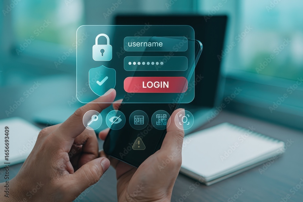 Poster a person interacts with a smartphone displaying a secure online login interface with various securit