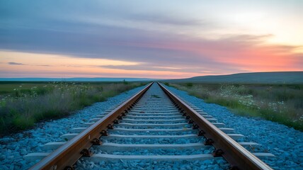 Fototapeta premium Journey's End: A solitary railway track stretches towards the horizon, a visual journey to a scenic landscape, set against a canvas of sunset, evokes a sense of serenity and the open road. 