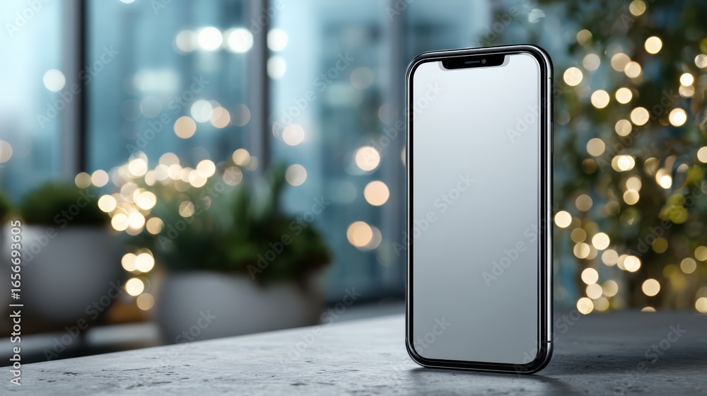 Poster a sleek smartphone stands upright on a surface, reflecting bokeh lights from the background, creatin