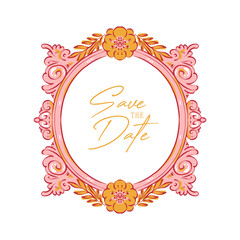 Set of pink vintage frames with floral motifs in hand-drawn vector style with 