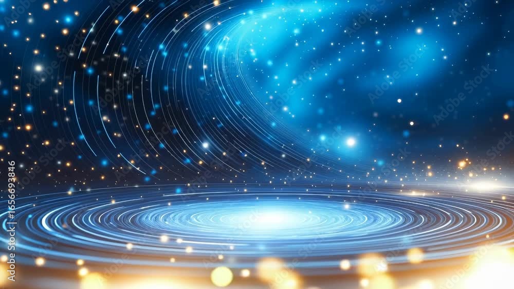 Poster blue spiral galaxy with concentric circular rings, glowing starry cosmic background with blue and go