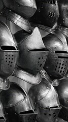 Naklejka premium Metallic helmets displayed in a historic exhibit