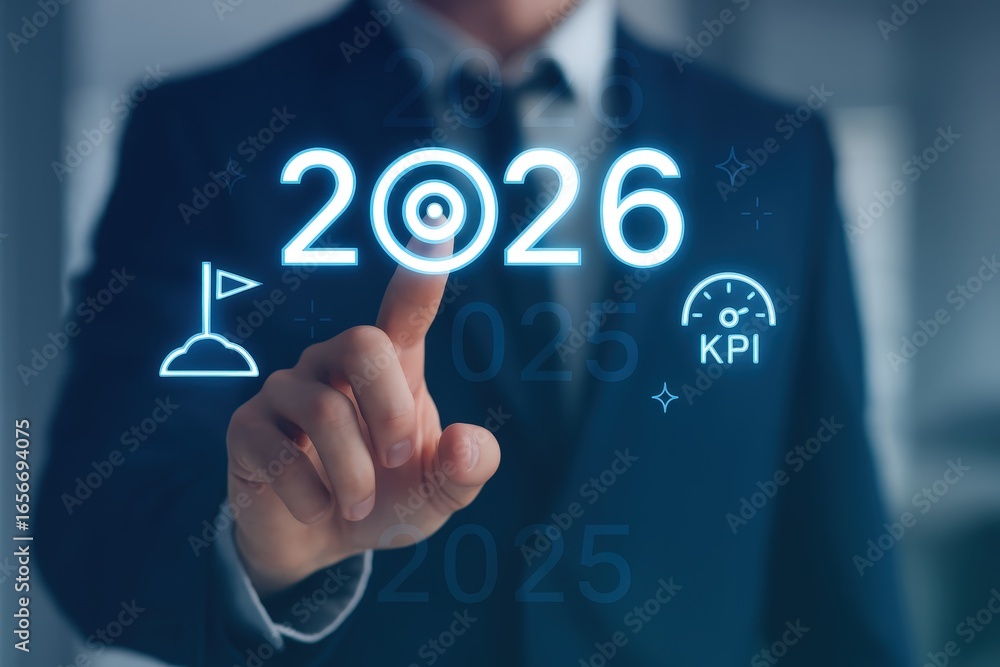 Poster a hand touches a futuristic interface displaying the year 2026, goals, and key performance indicator