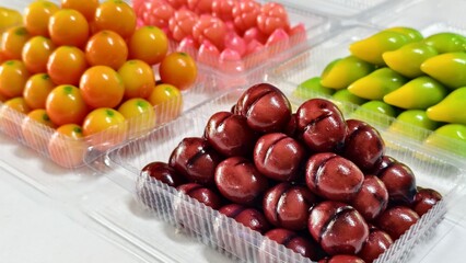 Thai Dessert Lukchup, Fruit Lukchup, Thai Dessert with the Mashed mung beans, stirred and molded into the fruit shape.