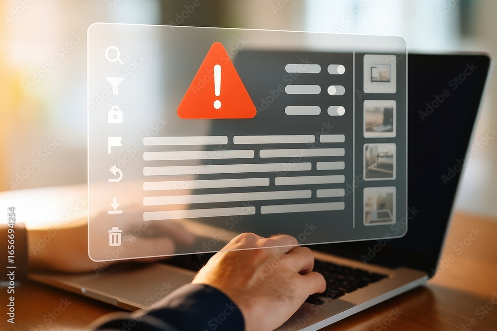 Poster a person interacts with a computer interface displaying an error message and various icons.