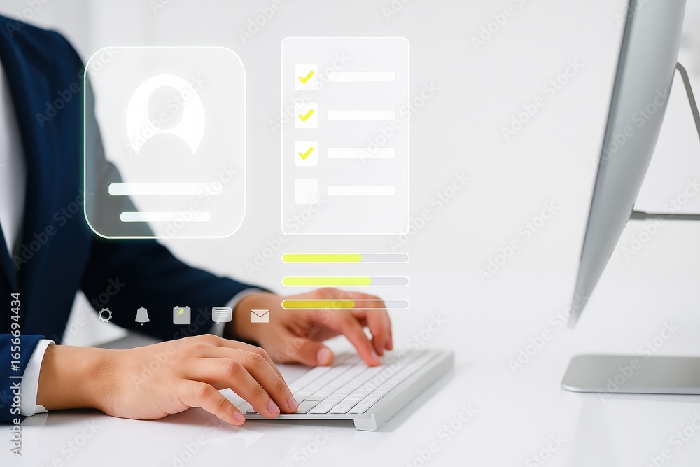 Poster a person types on a keyboard, interacting with digital forms and profile information overlaid on the