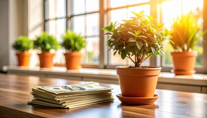 A close-up shot showcases a stack of cash and a thriving potted plant on a wooden surface. The image suggests growth, prosperity, and financial success.