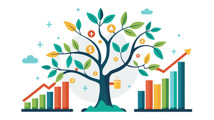 Financial Growth Tree Concept: Illustrating Investment Success, Rising Profits, and Economic Prosperity with Charts and Symbols