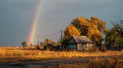 Rainbow above rural farmhouse